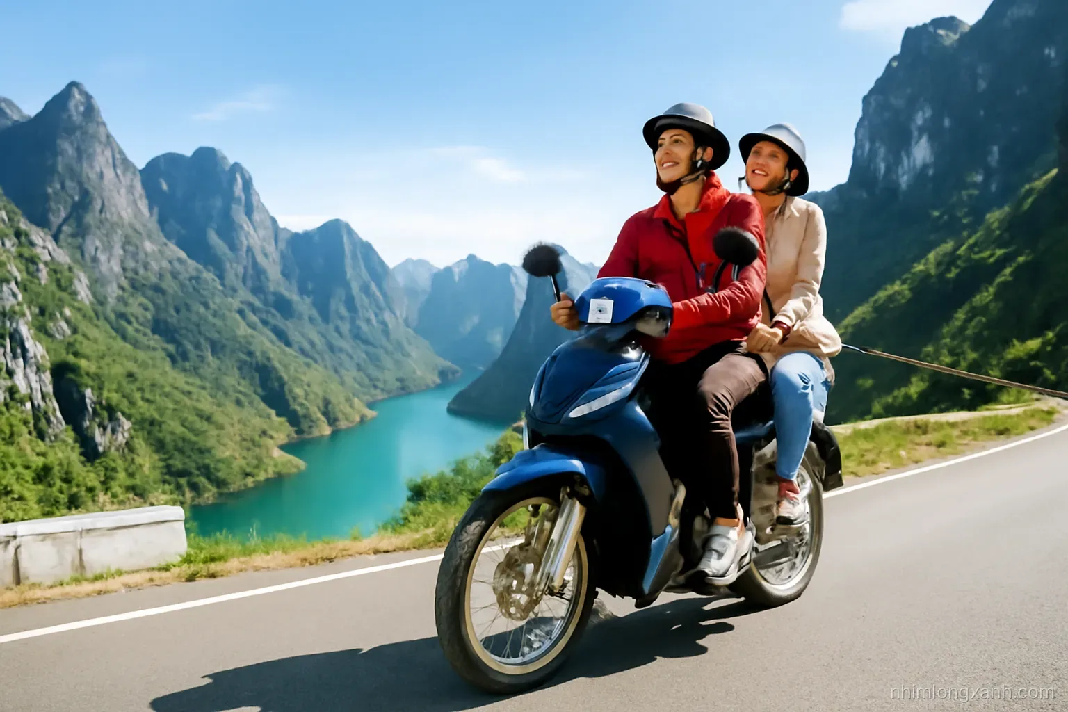Low angle from the roadside of two Vietnamese riders on a motorbike rounding a hairpin bend high above a deep emerald river canyon, jagged grey limestone peaks, crisp blue morning sky