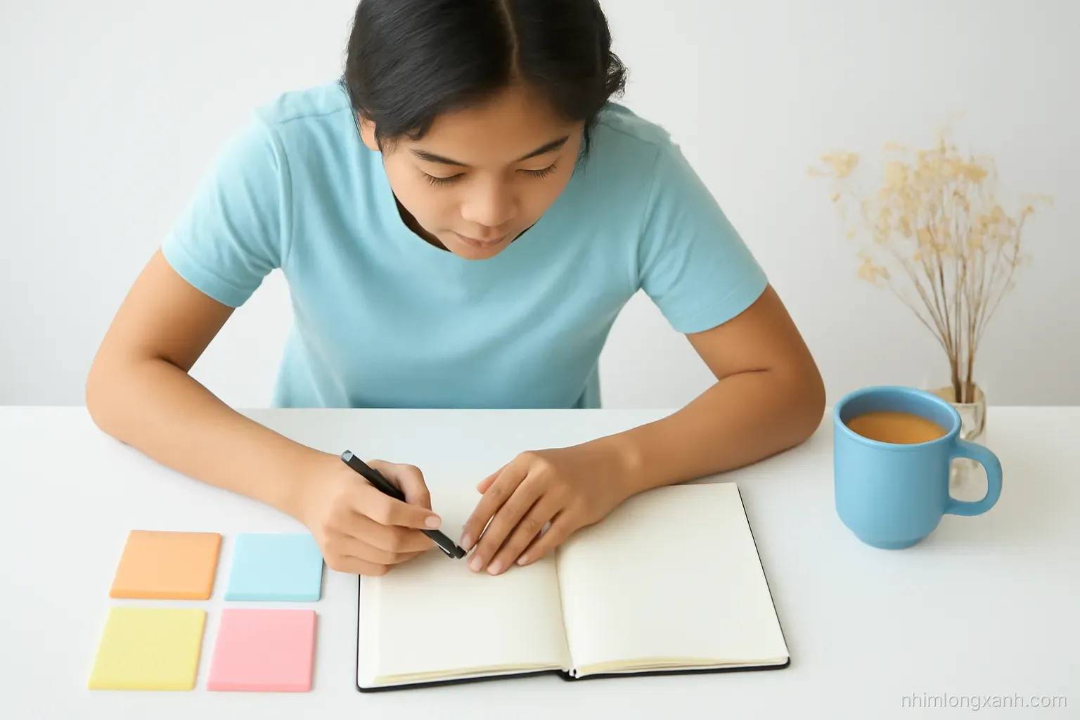 Top-down flat lay of a young Vietnamese person writing in a blank journal on a white desk with four colored sticky note squares, a mug and dried flowers, crisp daylight, pastel blue and peach
