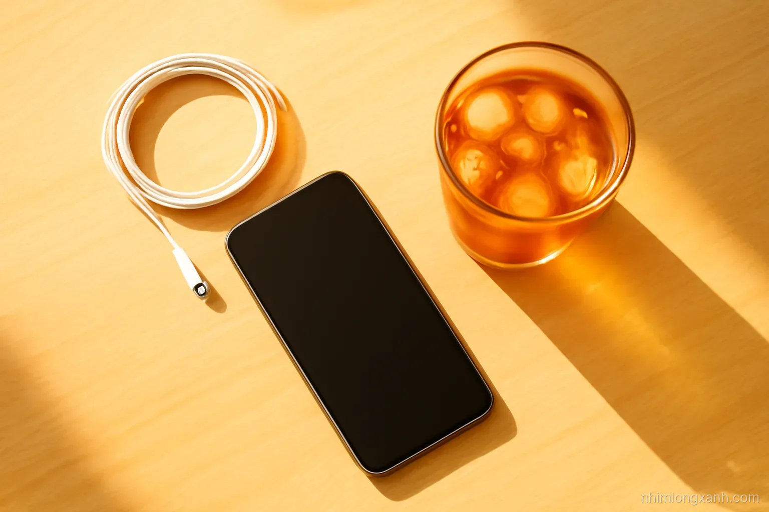 Overhead shot of a smartphone face down on a wooden desk beside a cup of iced tea and a coiled white charging cable, warm afternoon sunlight, orange and cream tones