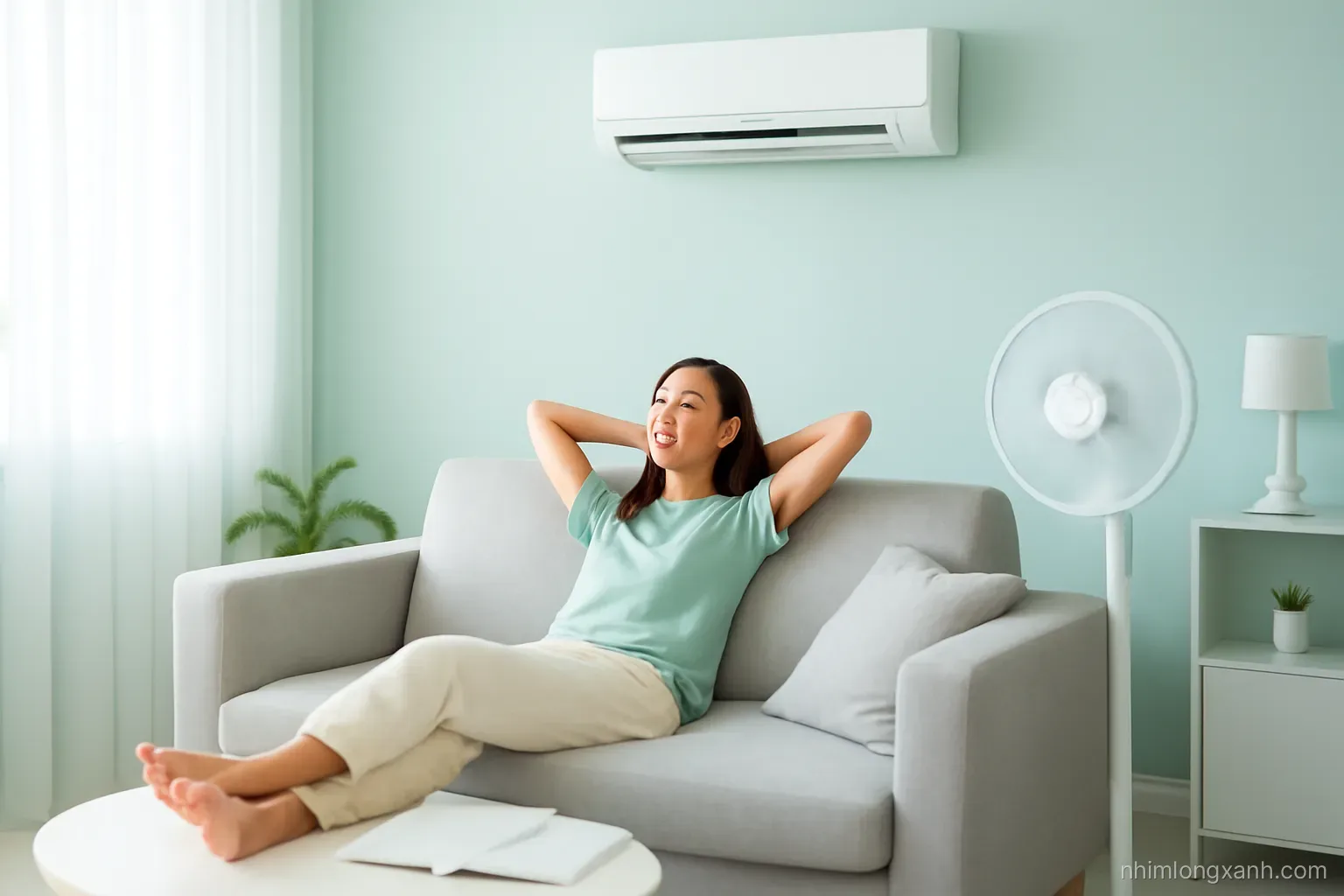 Young Vietnamese woman relaxing on a light grey sofa under a wall-mounted air conditioner, standing fan beside her, bright airy living room, pastel mint and white tones, wide shot