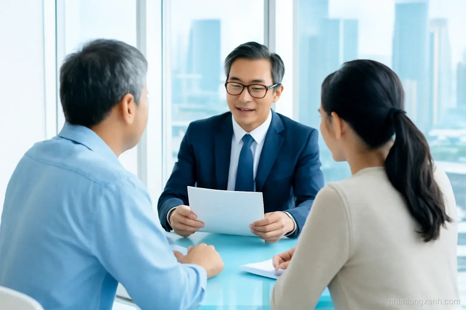 Over-the-shoulder view of a middle-aged Vietnamese couple reviewing paperwork with a lawyer across a glass table in a bright modern office, city skyline behind, cool blue tones