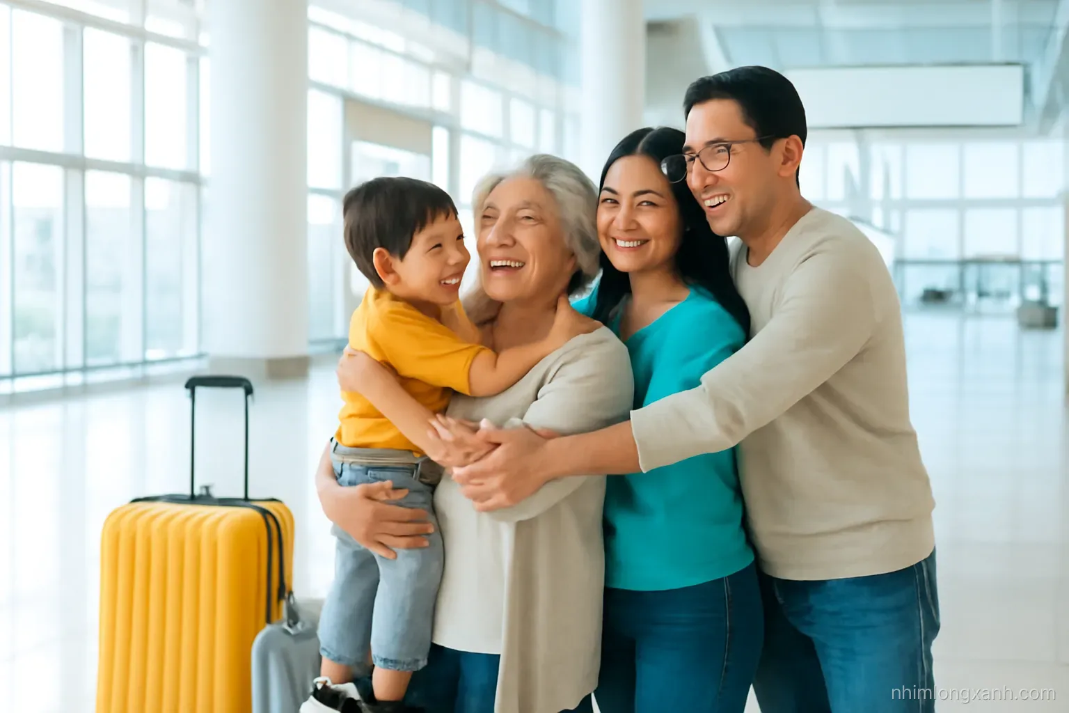 Wide shot of a Vietnamese family of four embracing at a bright airport arrivals hall, grandmother holding a child, suitcases nearby, soft white daylight, joyful candid moment