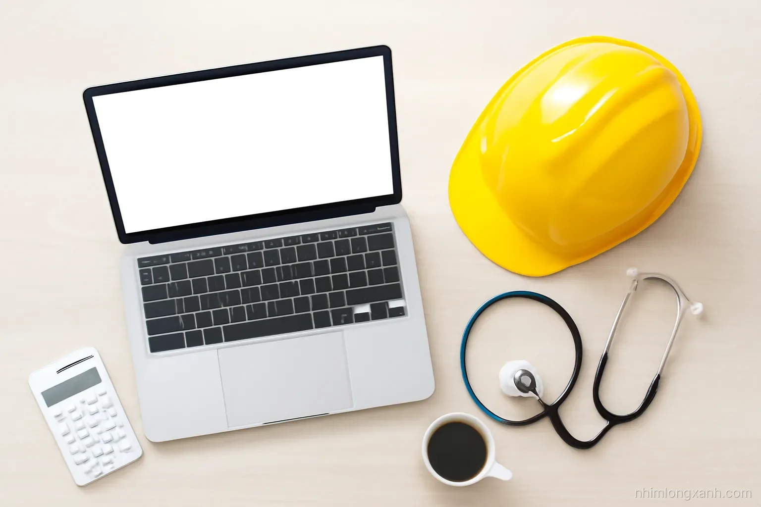 Top-down flat lay of a desk with a laptop showing a blank glowing screen, safety helmet, stethoscope, calculator and coffee cup, pale wood surface, bright neutral daylight