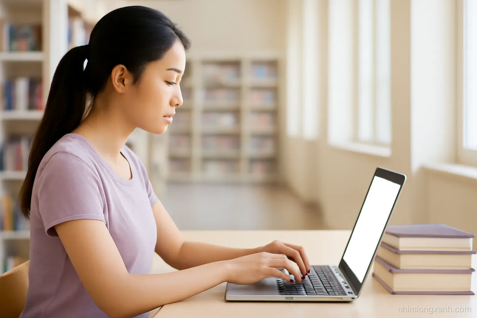 Side profile medium shot of a Vietnamese university student typing on a laptop with blank glowing screen in a sunlit library, neat stack of bound thesis volumes beside, soft lavender and cream tones