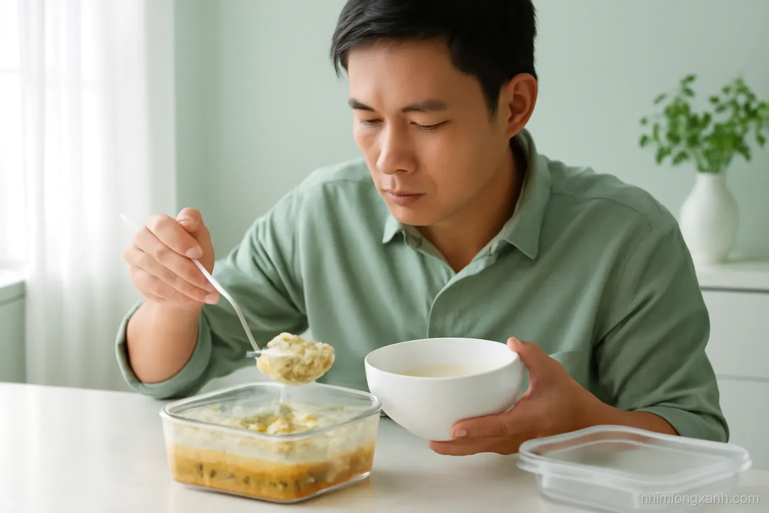Side angle shot of a Vietnamese man spooning leftover rice and soup into clear glass containers on a clean marble counter, bright afternoon light, sage green and white palette
