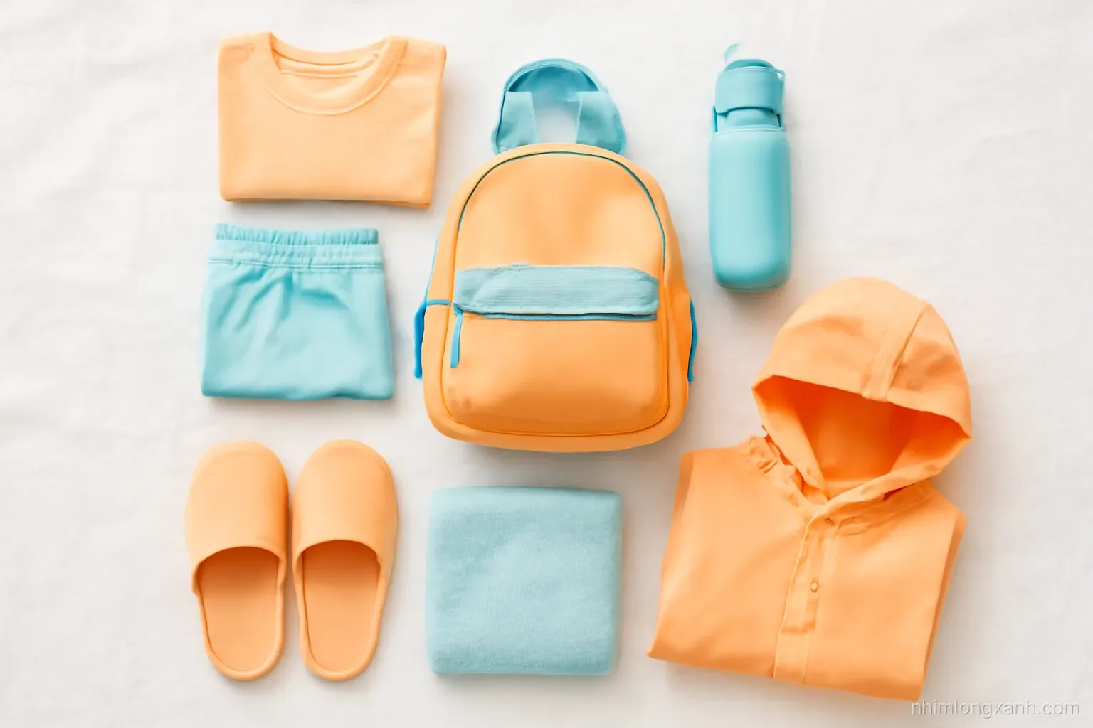 Top-down flat lay of a small child backpack surrounded by folded tiny clothes, a water bottle, a soft towel, slippers and a raincoat on a white bedsheet, crisp daylight, pastel orange and aqua