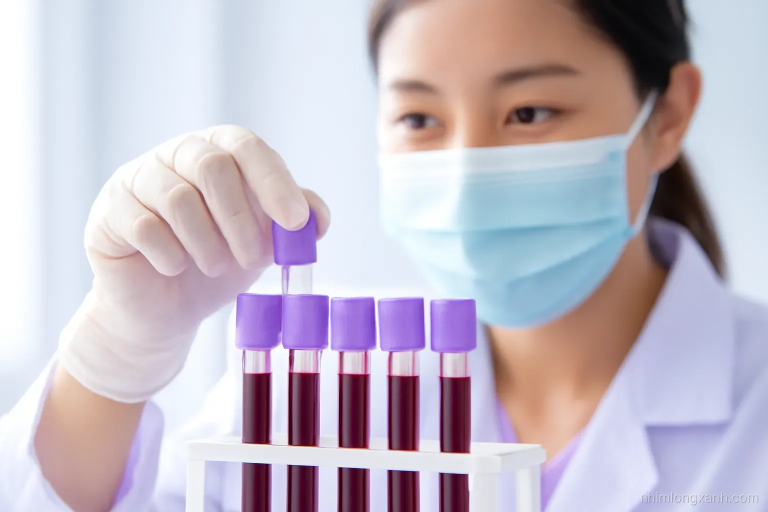 Close-up macro of a gloved Vietnamese lab technician placing purple-capped blood sample tubes into a white rack, bright clinical light, clean lavender and white palette, shallow depth of field