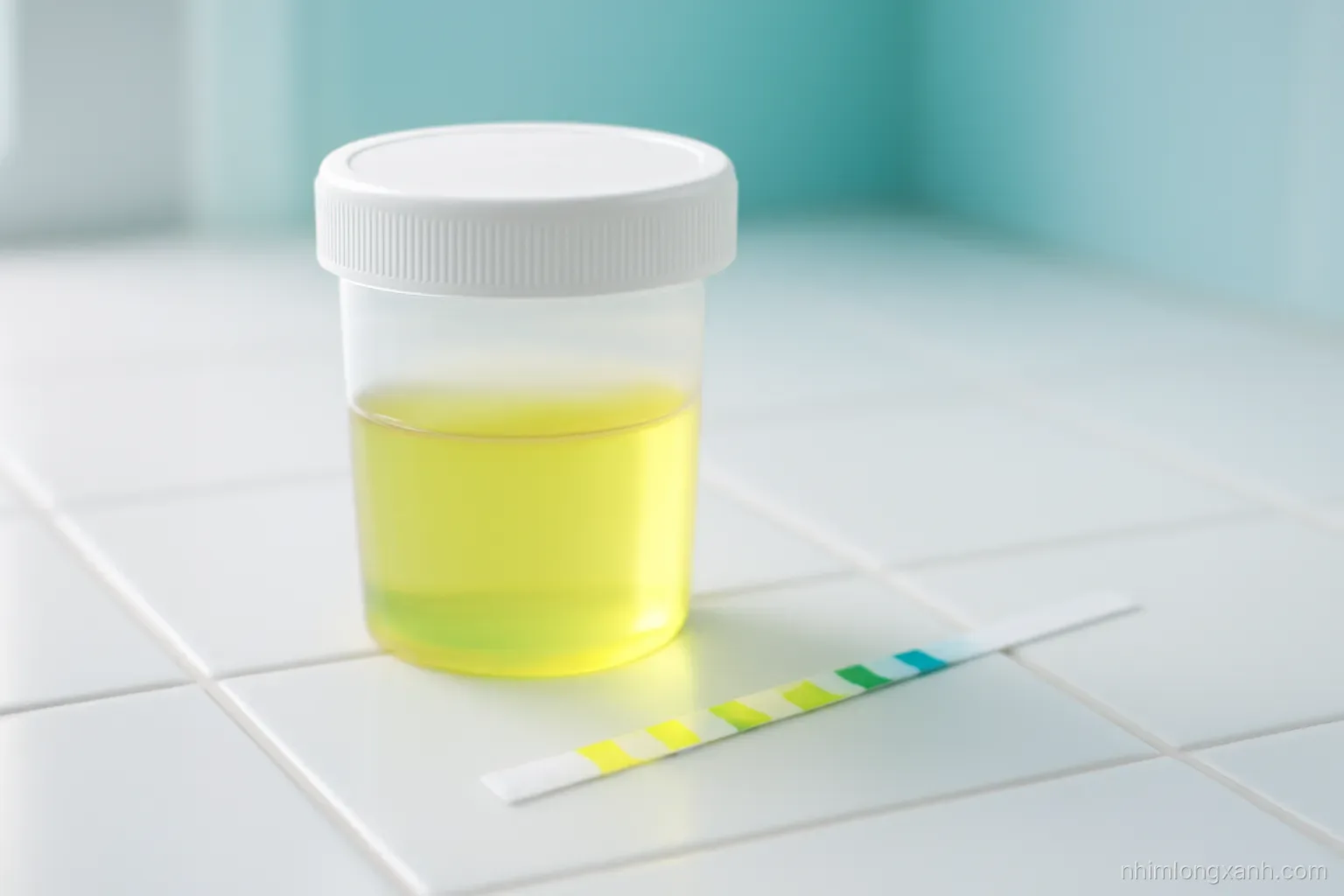 Low angle close-up of a clear sample cup with pale yellow liquid beside a test strip on a white tiled counter, crisp cool daylight, aqua and white minimal palette, no people