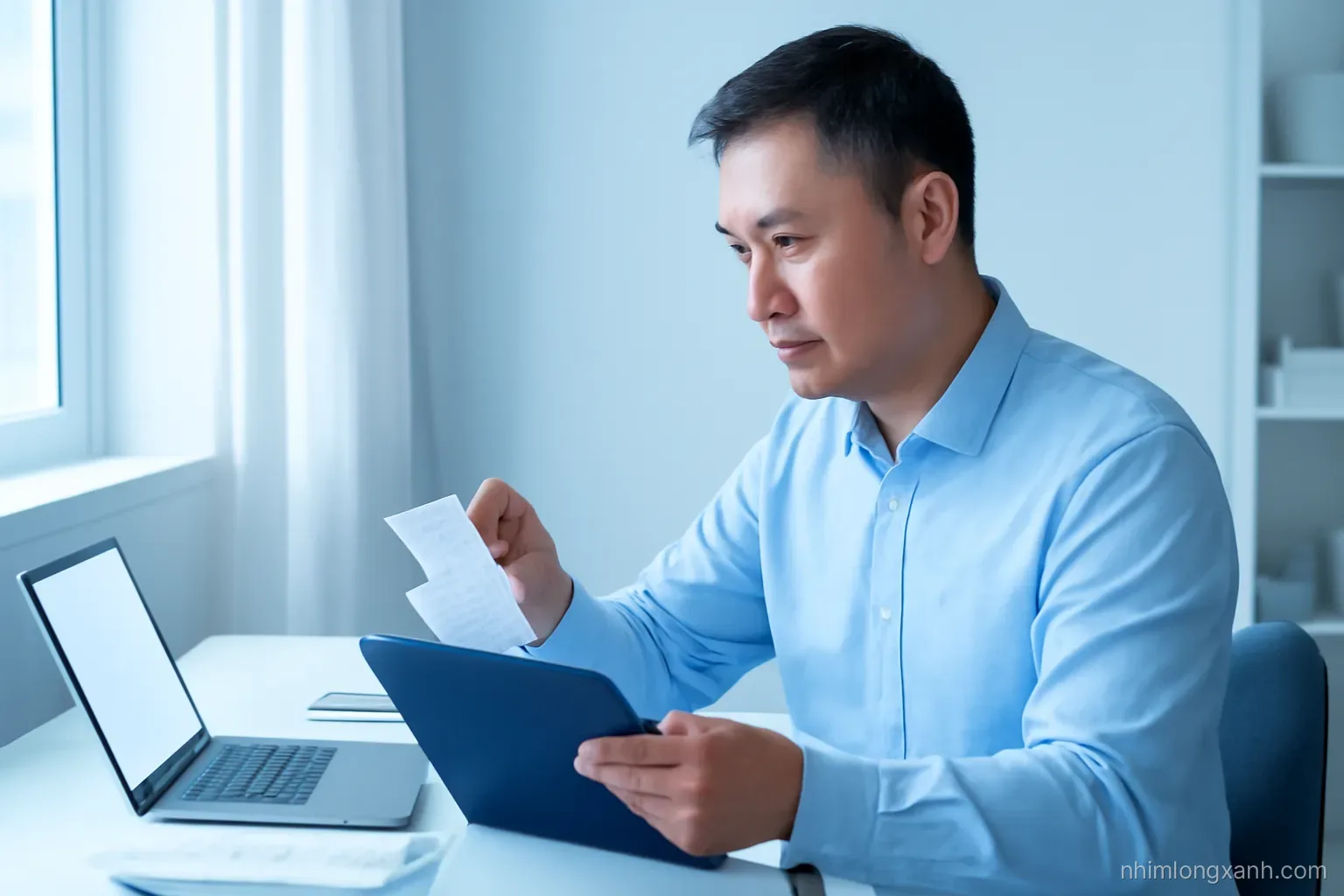 Vietnamese man in his forties sitting at a home desk by a window, sorting bank receipts into a folder, side profile medium shot, cool blue morning light, white and navy palette