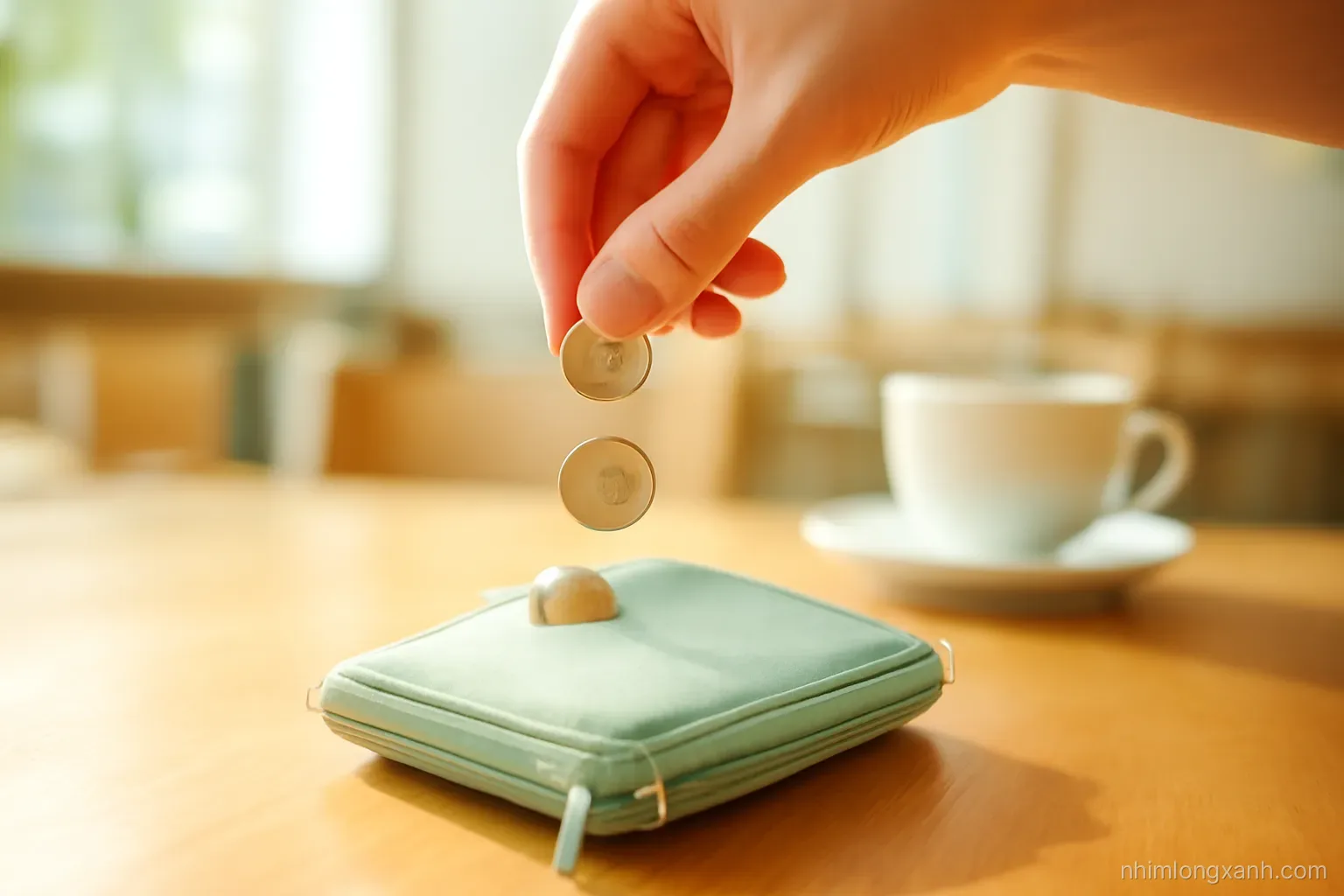 Low side-angle macro of a hand dropping shiny foreign coins into a mint-green zip pouch on a wooden cafe table, shallow focus, warm morning light, mint and honey tones