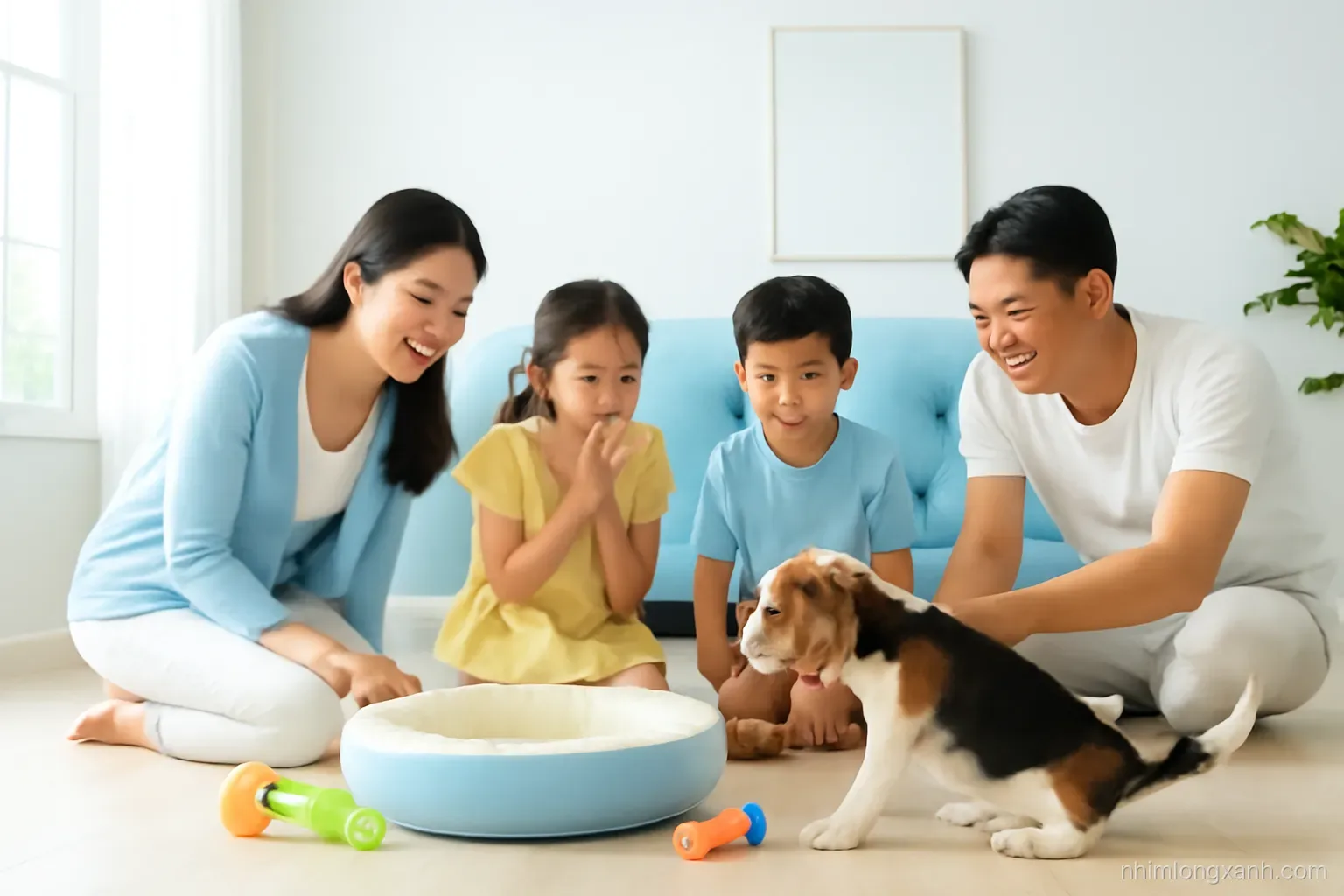 Wide shot of a Vietnamese family kneeling in a sunlit living room welcoming a shy beagle puppy beside a new round bed and colorful toys, white and sky-blue palette