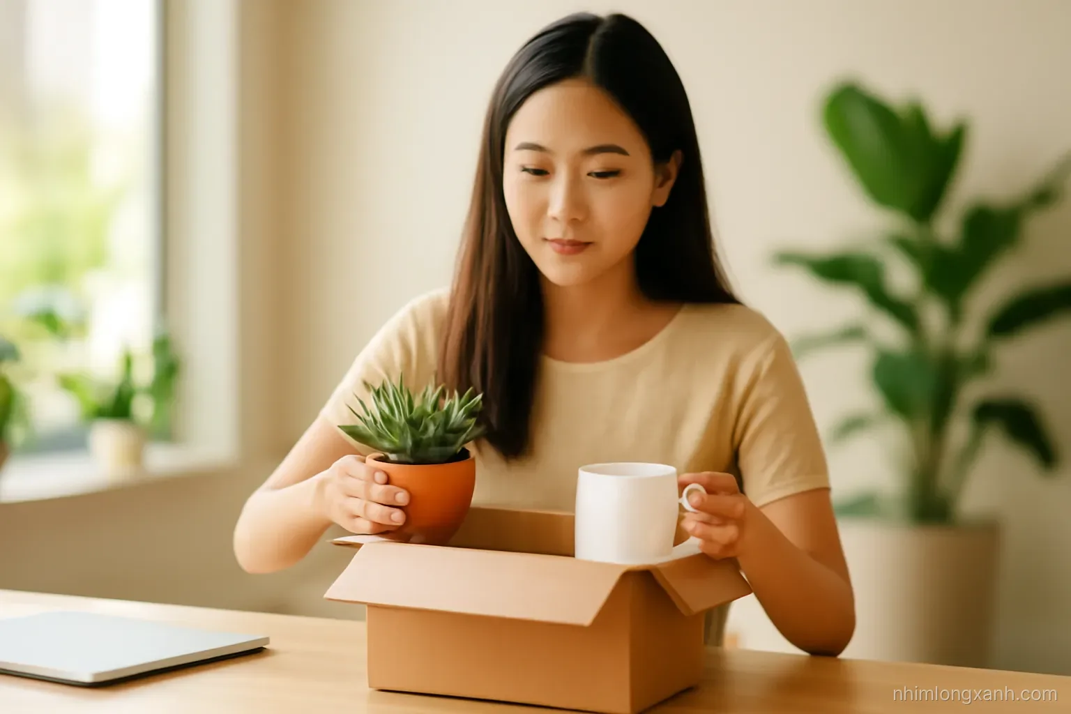 Medium shot of a calm young Vietnamese woman packing a small potted succulent and a mug into a cardboard box at a sunny office desk, soft bokeh background, warm beige and leaf green