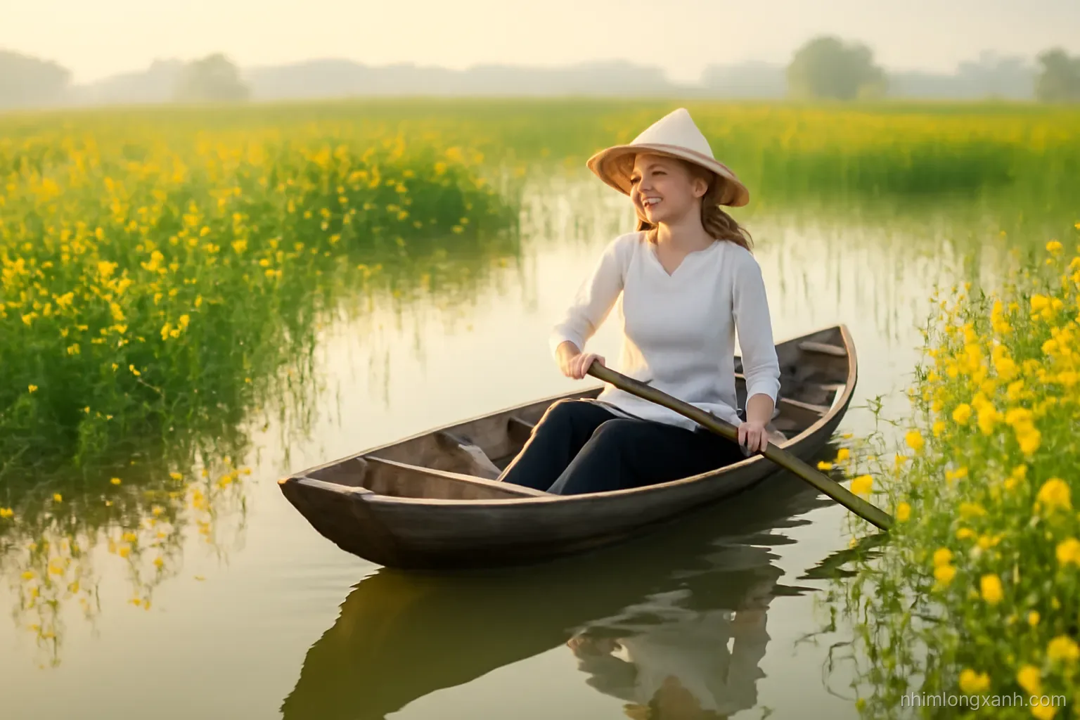 Wide shot of a Vietnamese woman rowing a small wooden boat through flooded rice fields with yellow sesbania flowers at dawn, mirror-like water, soft gold and green palette