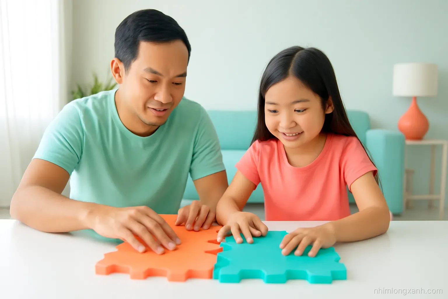 Eye-level shot of a Vietnamese father and daughter pushing two colorful foam puzzle pieces together on a white desk to model tectonic plates, bright airy living room, mint and coral tones