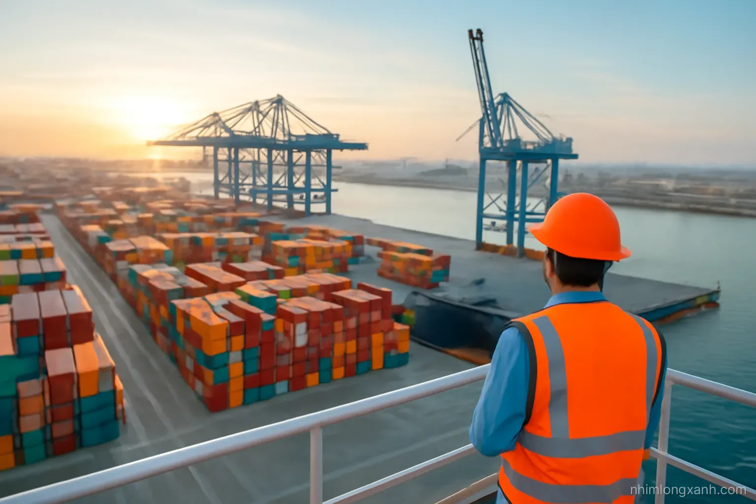 High angle shot over a modern container port at sunrise with colorful stacked containers, giant cranes and a cargo ship, a Vietnamese worker in orange vest in foreground