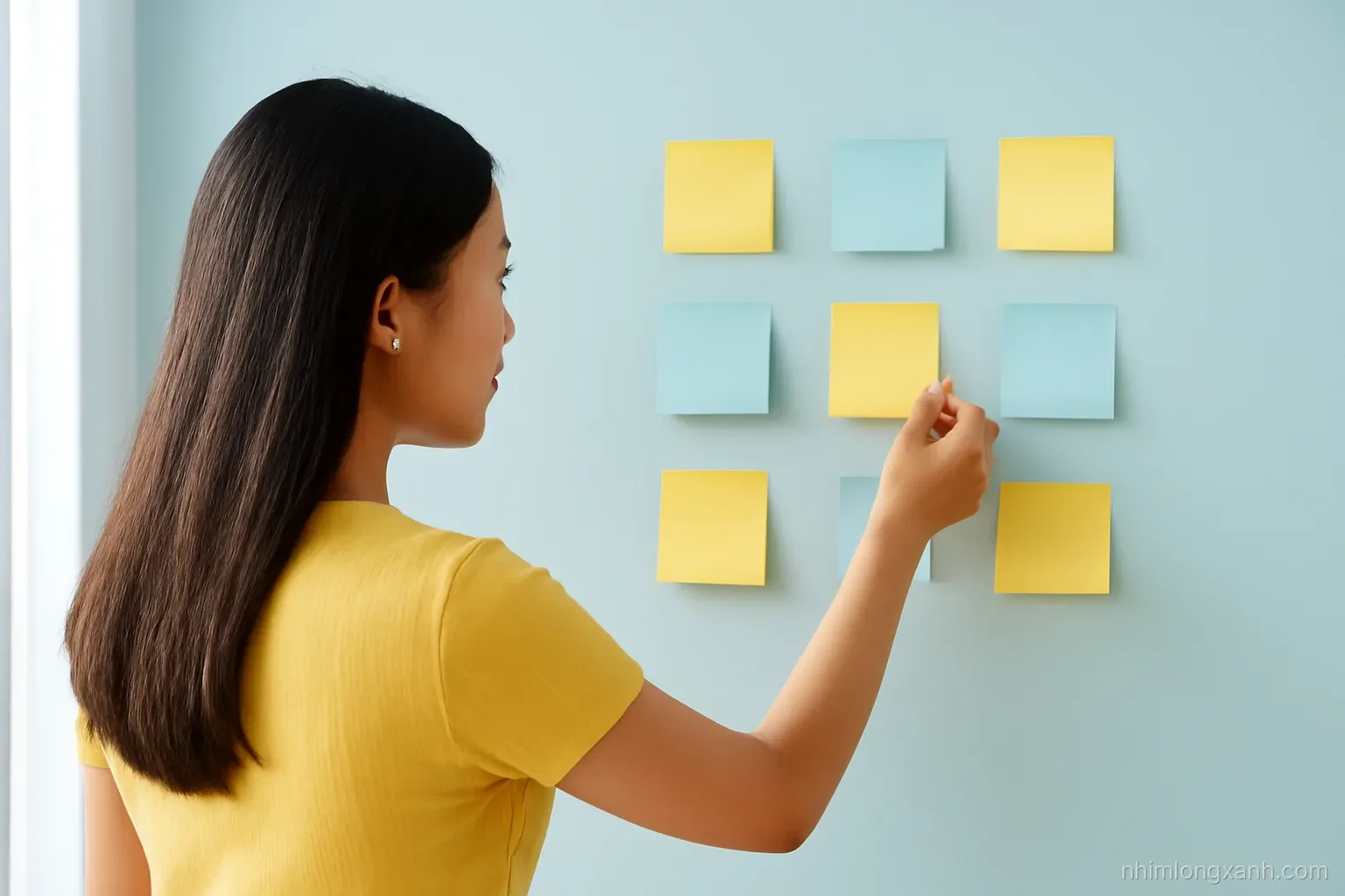 Over-the-shoulder view of a Vietnamese teenage girl ticking off sticky notes on a pale blue wall at home, afternoon light, yellow and sky blue tones, focused calm mood