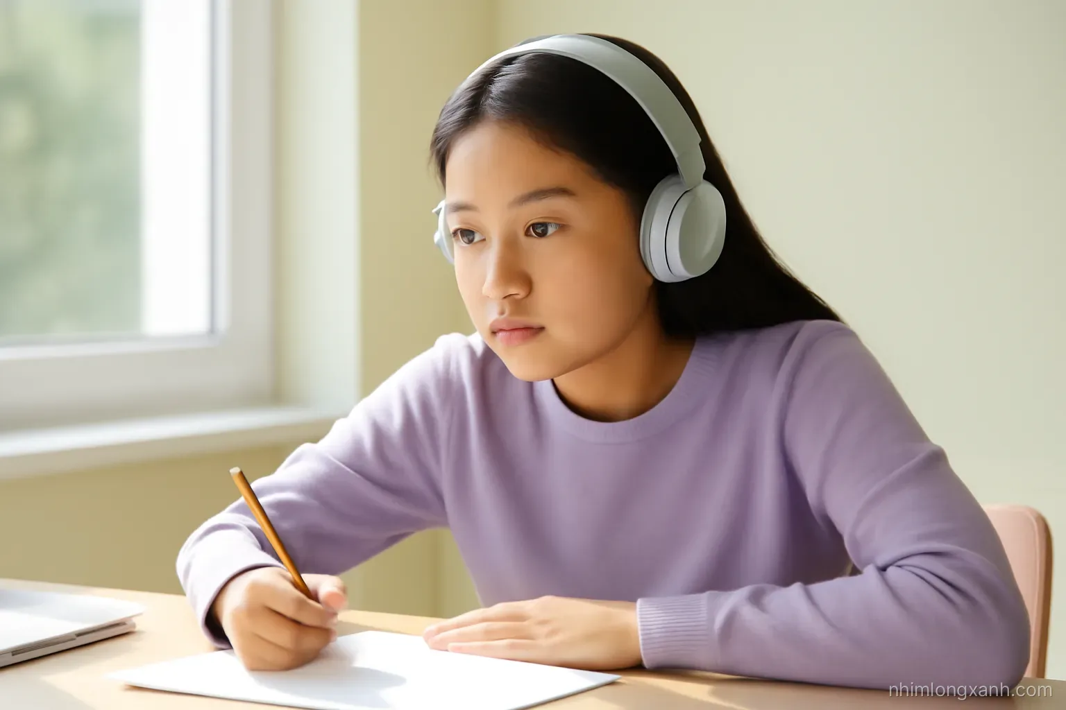 Close-up of a Vietnamese student wearing over-ear headphones, listening intently at a desk by a window, pencil in hand, crisp morning light, lavender and pale yellow palette