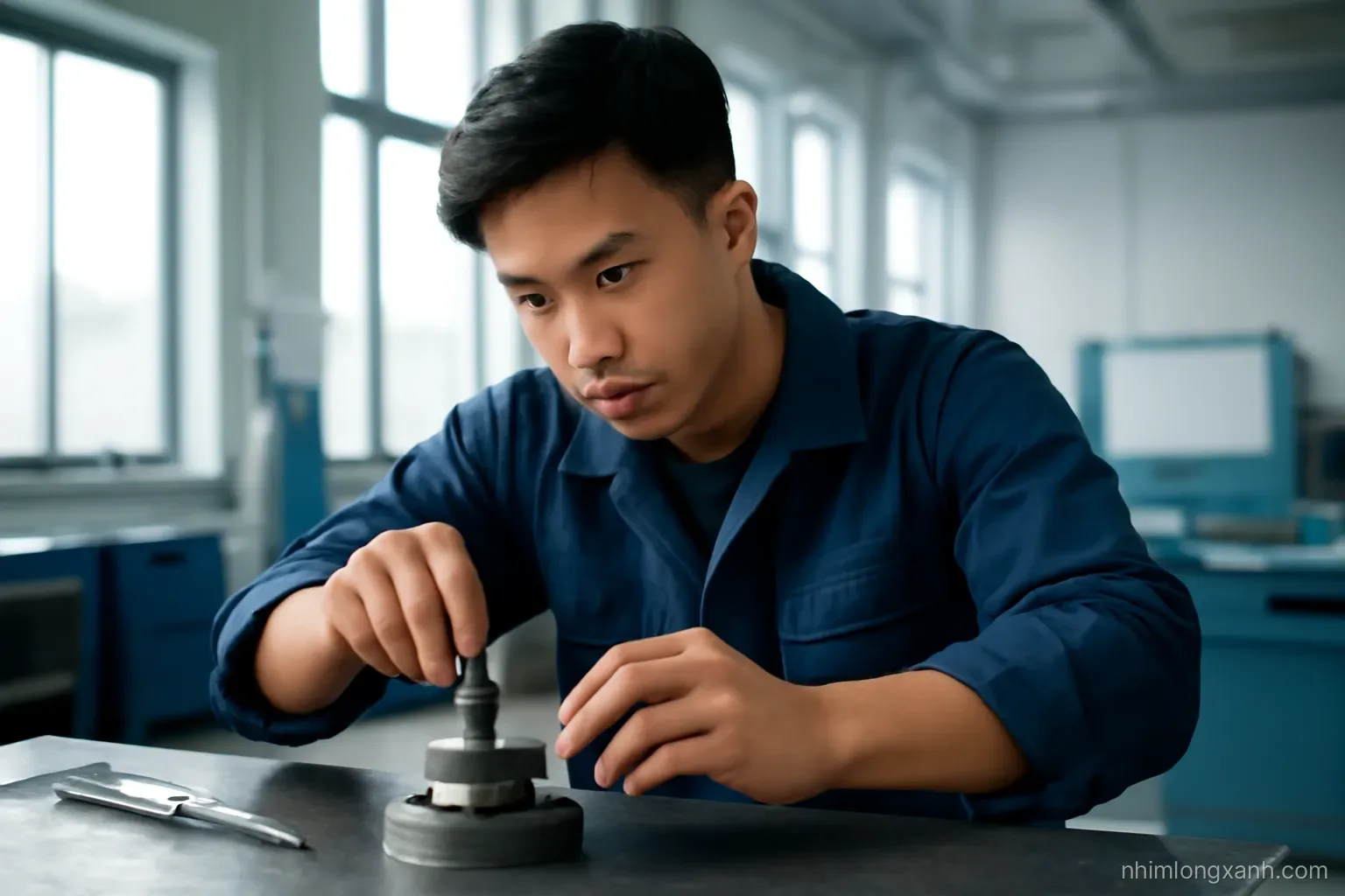 Close-up of a young Vietnamese apprentice in navy work overalls adjusting a metal part at a workshop bench in Germany, cool daylight from tall windows, steel grey and blue tones