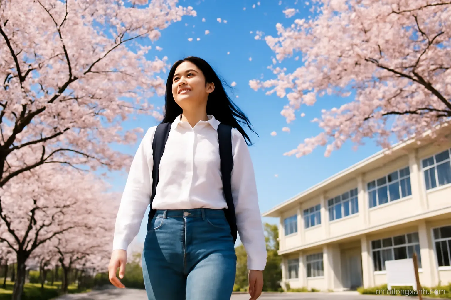 Low angle shot of a young Vietnamese student walking under blooming cherry trees beside a quiet Japanese school courtyard, pale pink petals, clear blue sky, crisp spring morning