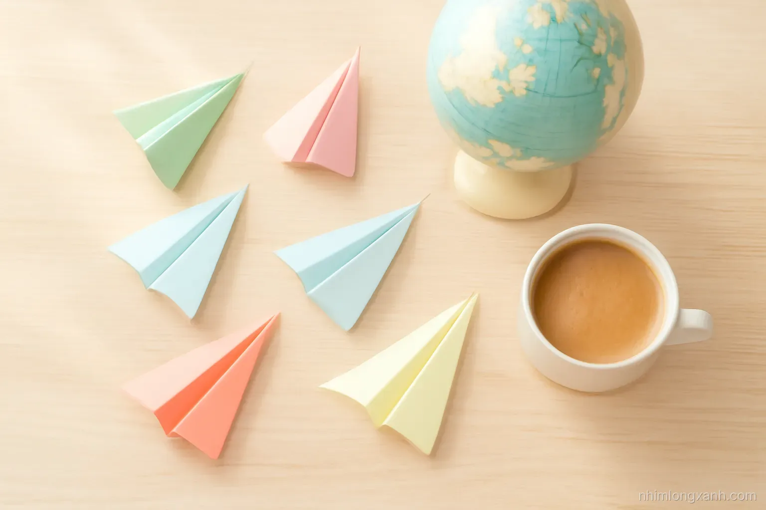 Top-down flat lay of seven small paper airplanes in different pastel colors on a light wooden desk beside a globe and coffee cup, soft morning light, mint and coral palette