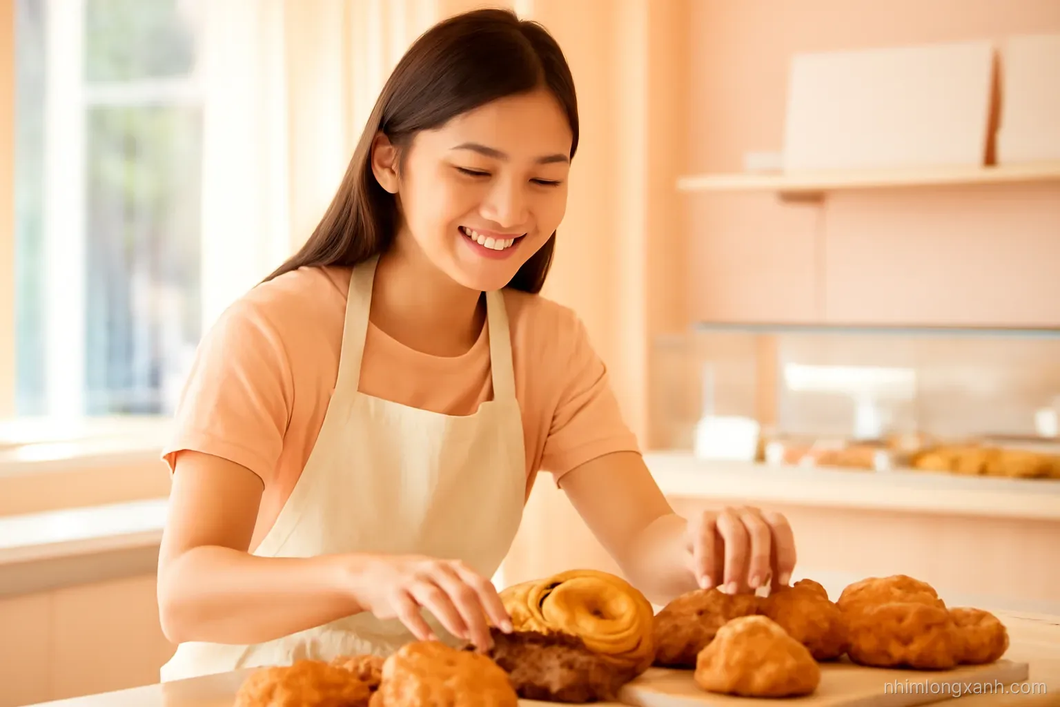 Medium shot of a Vietnamese female student in an apron arranging fresh pastries in a bright bakery counter, morning light, smiling, warm peach and cream palette, shallow depth
