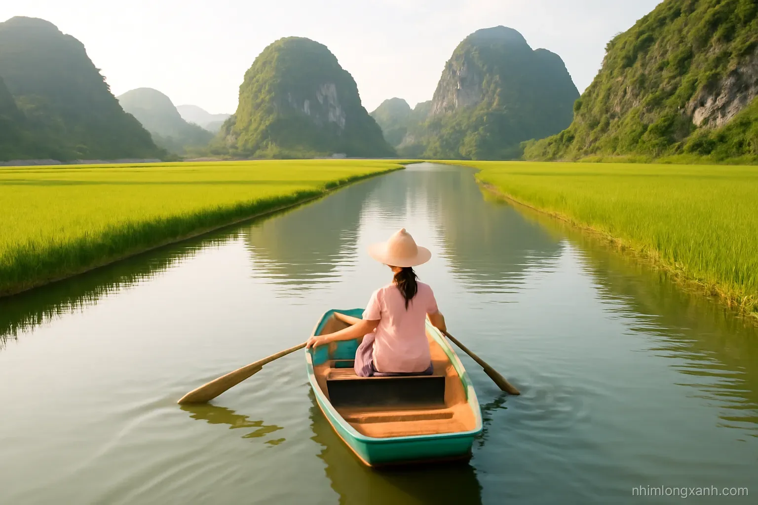 High angle shot of a small rowing boat with a Vietnamese woman rowing with her feet along a calm river between green rice fields and towering limestone karsts, soft golden light