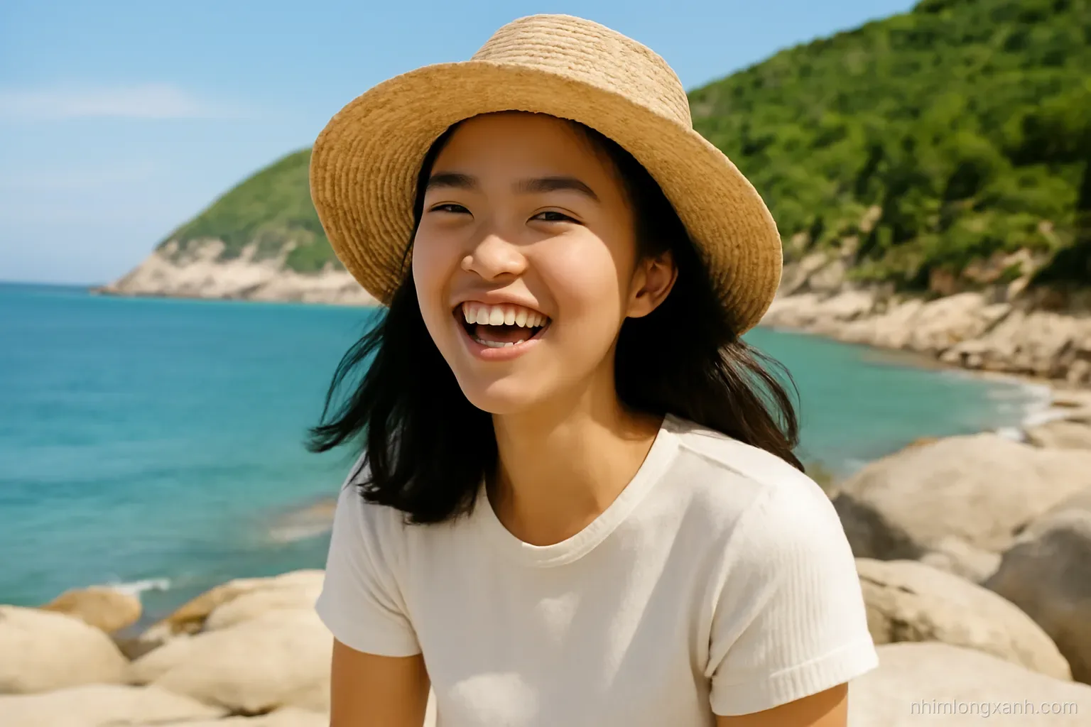 Close-up of a Vietnamese girl in a straw hat laughing on smooth granite rocks beside a curved bay of clear blue water, green cliffs behind, sharp morning light