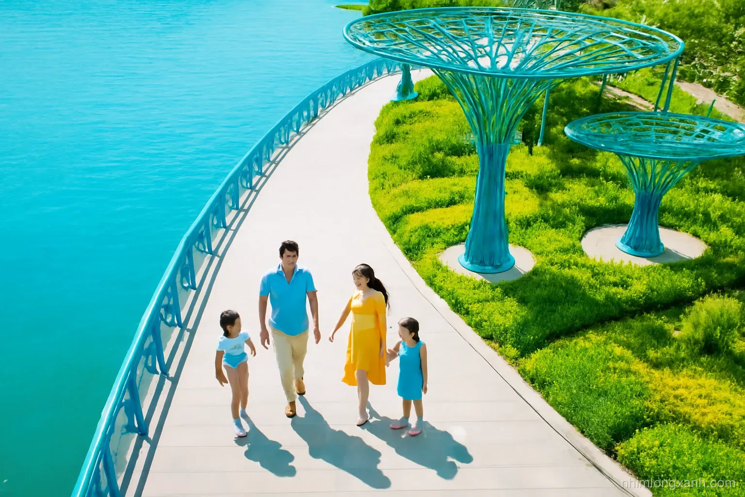Top-down drone view of a Vietnamese family walking along a sunny waterfront promenade beside futuristic tree-like structures and lush gardens, vibrant green and electric blue palette