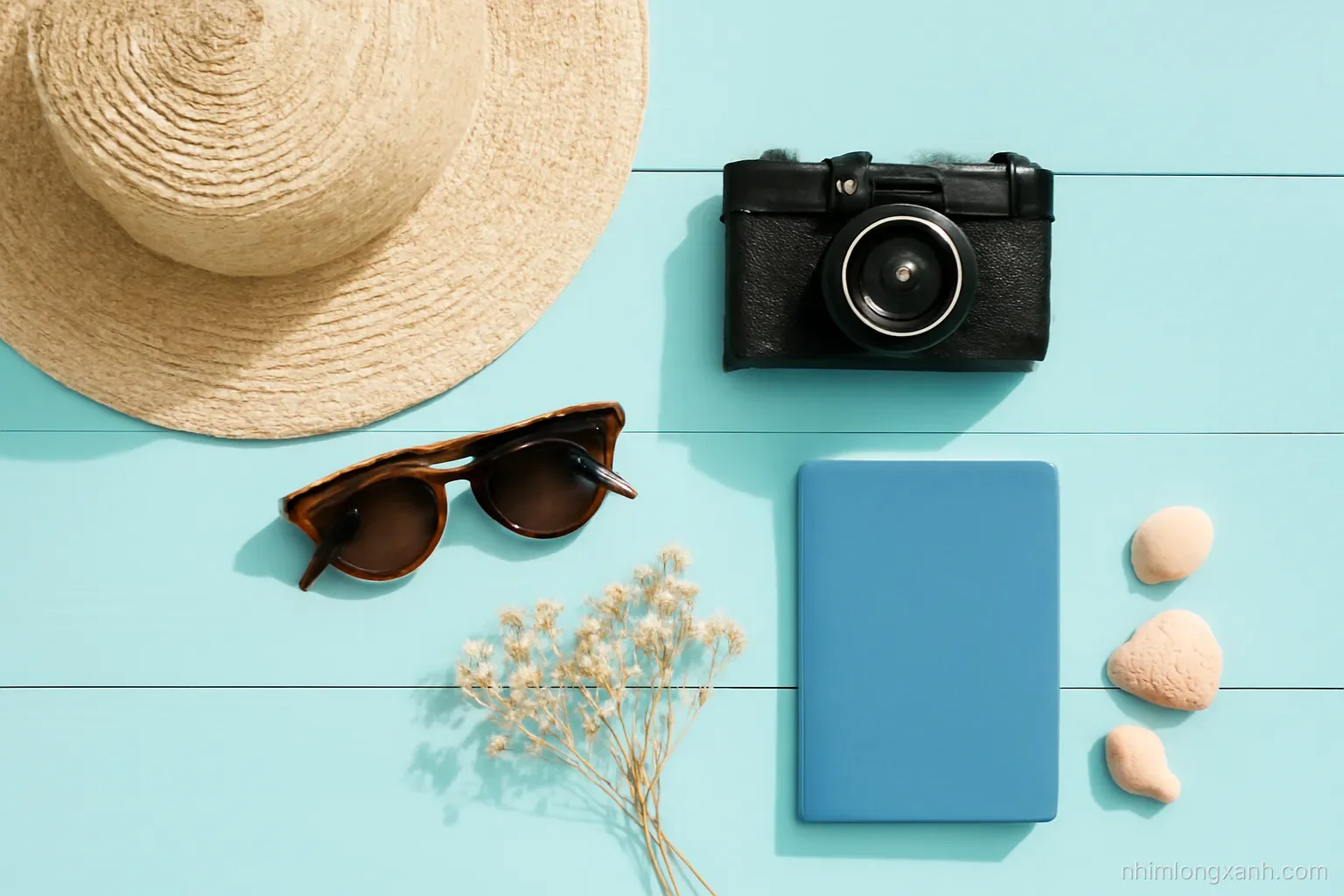 Flat lay from above of a straw hat, sunglasses, camera, dried flowers, seashells and a passport-size notebook arranged on a pastel turquoise wooden table, bright even daylight