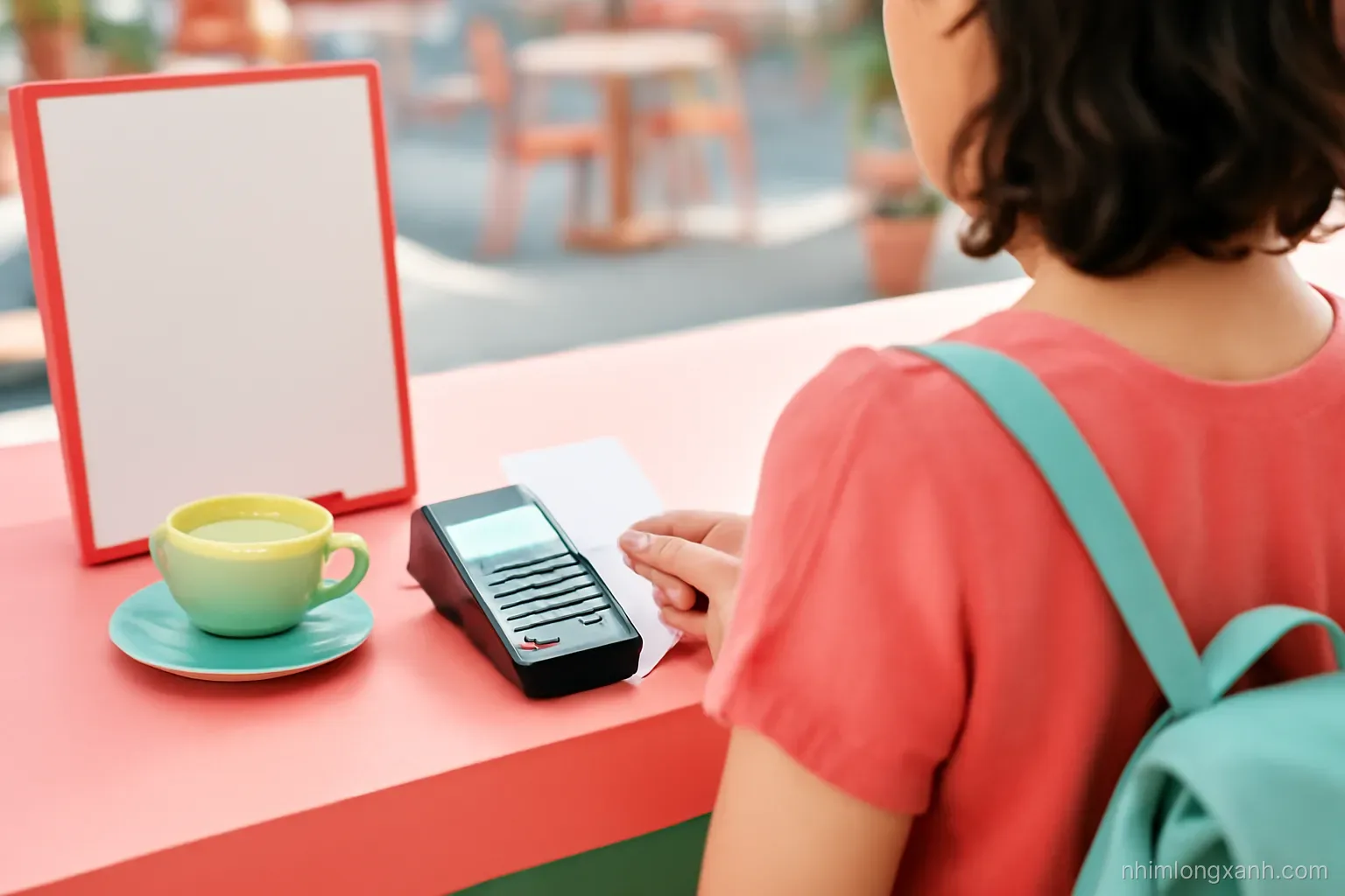 Over-the-shoulder shot of a traveler tapping a blank card on a payment terminal at a sunny outdoor cafe counter, shallow depth of field, coral and mint palette, lively modern vibe