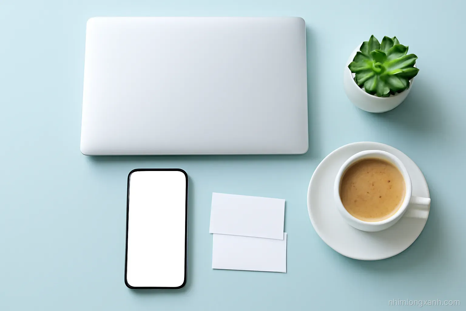 Top-down flat lay of a tidy home office desk with a closed laptop, smartphone with a blank glowing screen, business cards without print, coffee cup and succulent, soft pastel blue light