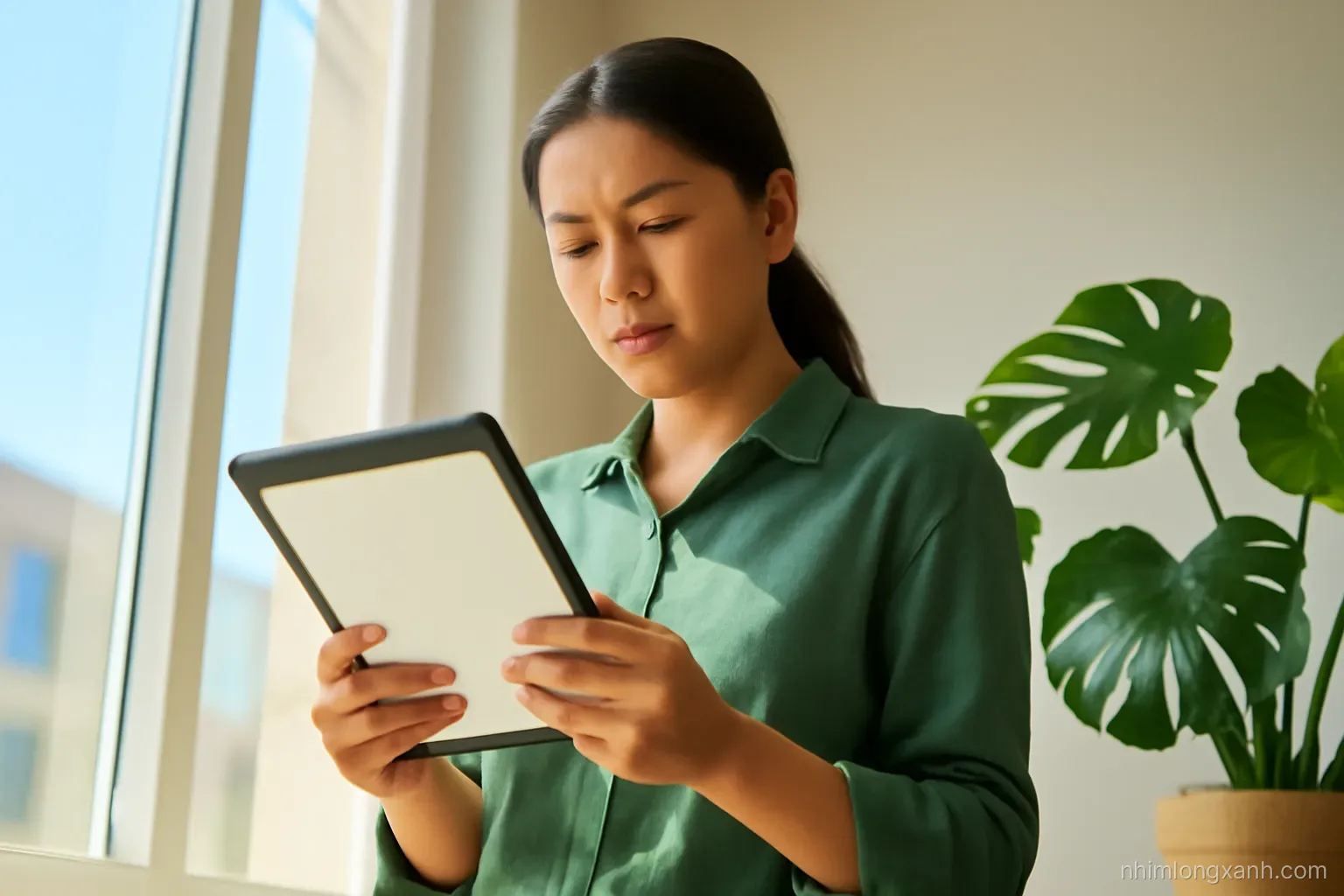 Low angle view of a Vietnamese office worker standing by a sunny window, checking a tablet with a blank glowing screen, potted monstera nearby, crisp daylight, green and sand tones