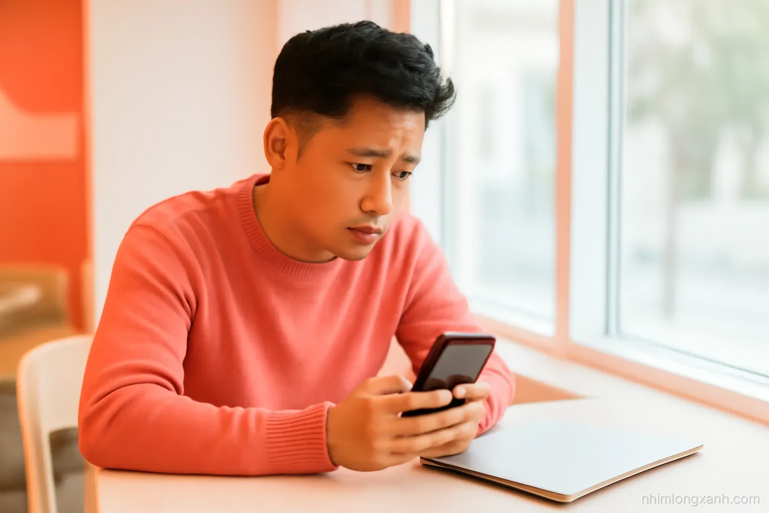 Side view of a worried young Vietnamese man at a bright cafe window table holding his phone with both hands, glowing empty screen, laptop closed beside him, coral and white tones