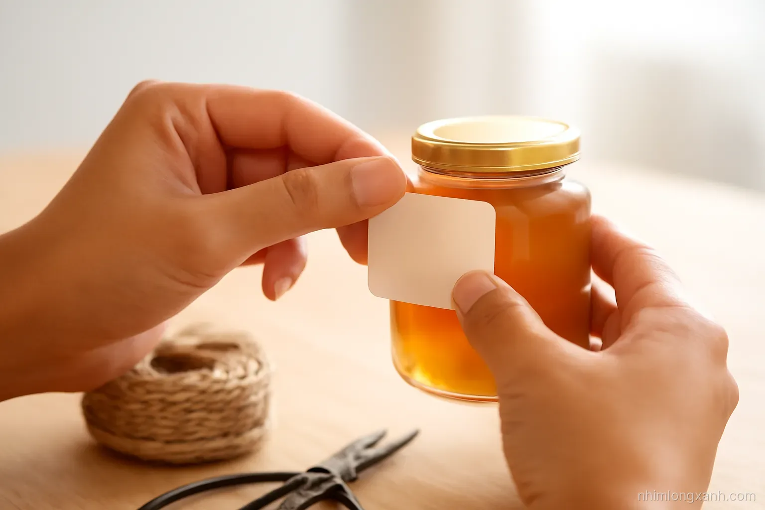 Close-up macro of Vietnamese woman hands pressing a blank cream sticker onto a small glass honey jar, workshop table with twine and scissors, warm side light, amber and white tones