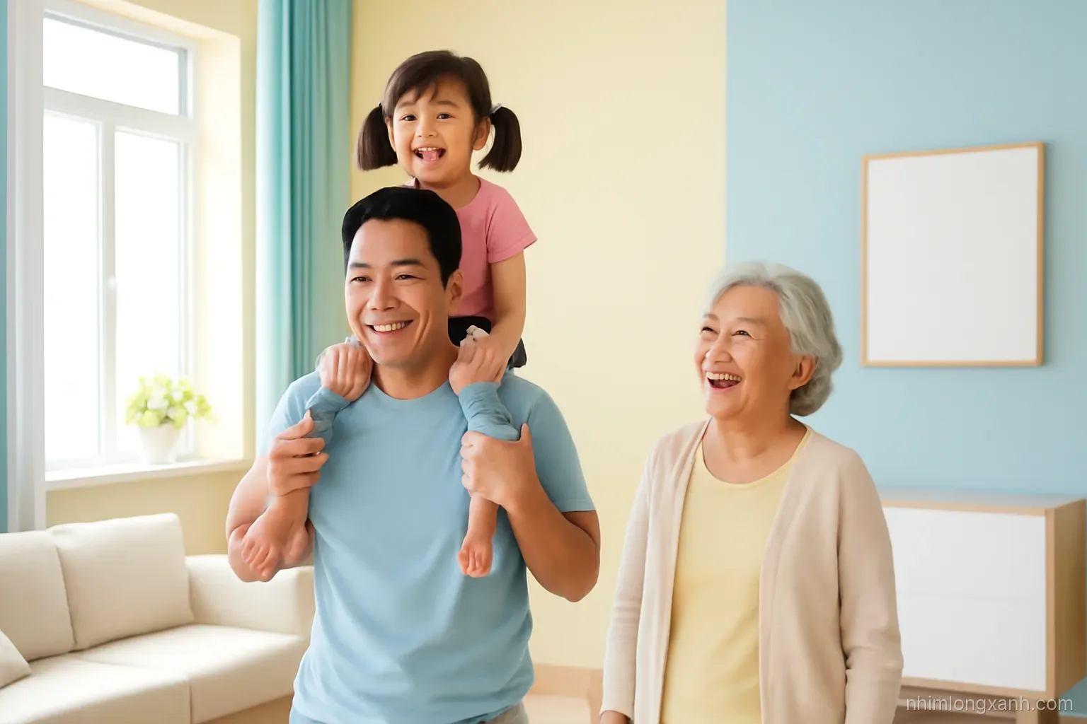 Vietnamese father carrying his small daughter on his shoulders while grandmother smiles in a sunny apartment living room, wide shot, soft natural light, sky blue and butter yellow