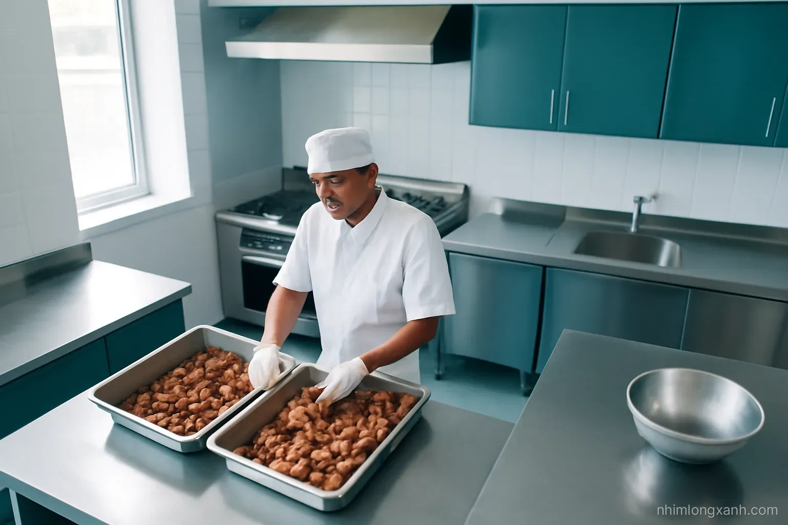 Stainless steel restaurant kitchen viewed from a high corner angle, Vietnamese cook in white cap and gloves separating raw and cooked trays, bright cool daylight, silver and teal palette