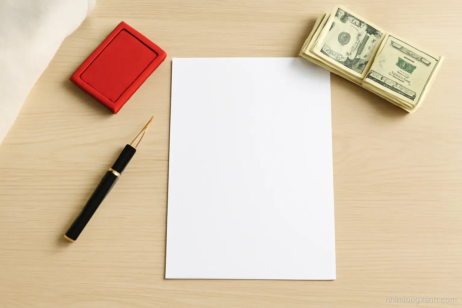 Top-down flat lay of a blank sheet of paper, a fountain pen, a red ink pad and a small bundle of banknotes on a light oak desk, bright soft daylight, cream and red accents