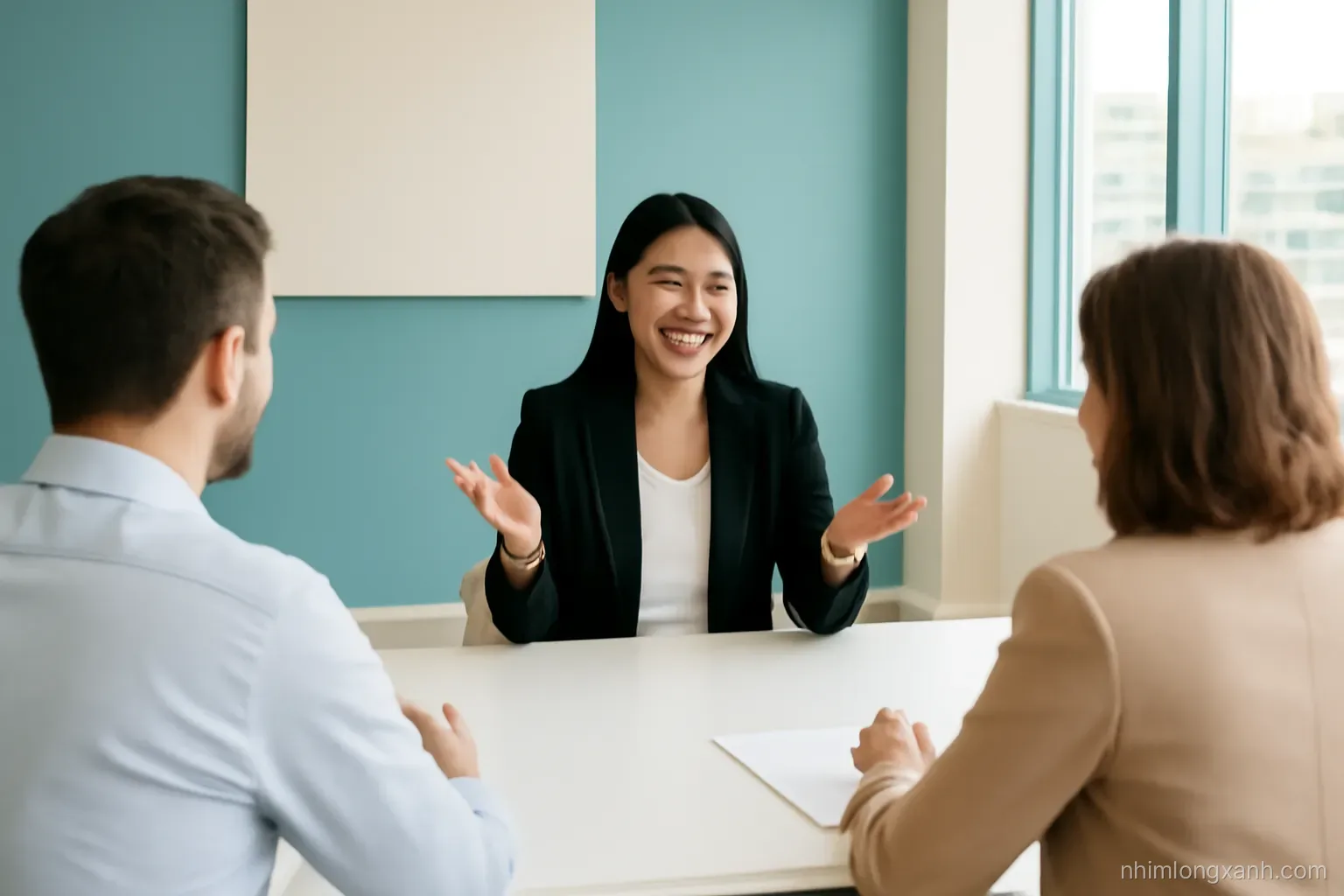 Wide shot of a bright modern meeting room where a confident young Vietnamese woman in a blazer speaks to two interviewers across a white table, large windows, teal and sand tones