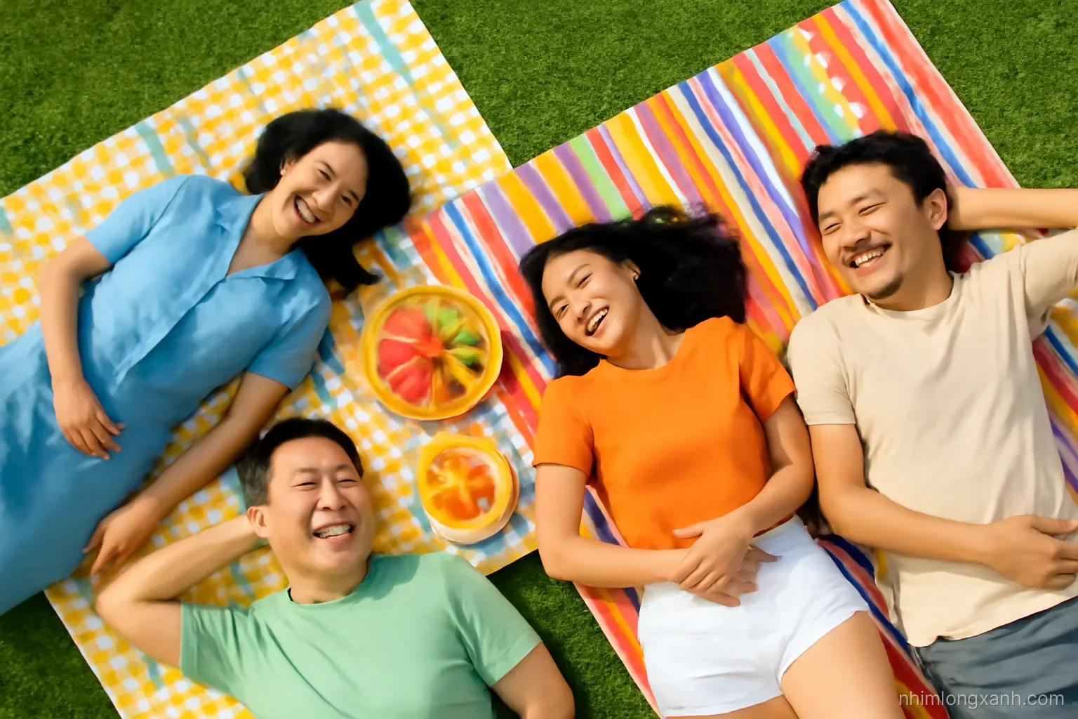 High angle overhead drone view of four Vietnamese friends in their thirties lying on colorful picnic blankets in a sunny city park, laughing, bright green grass, sliced fruit