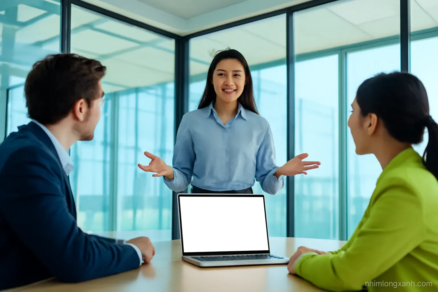 Young Vietnamese founder presenting to two investors in a glass-walled meeting room, laptop with blank glowing display, low angle shot, crisp afternoon light, deep blue and lime accents
