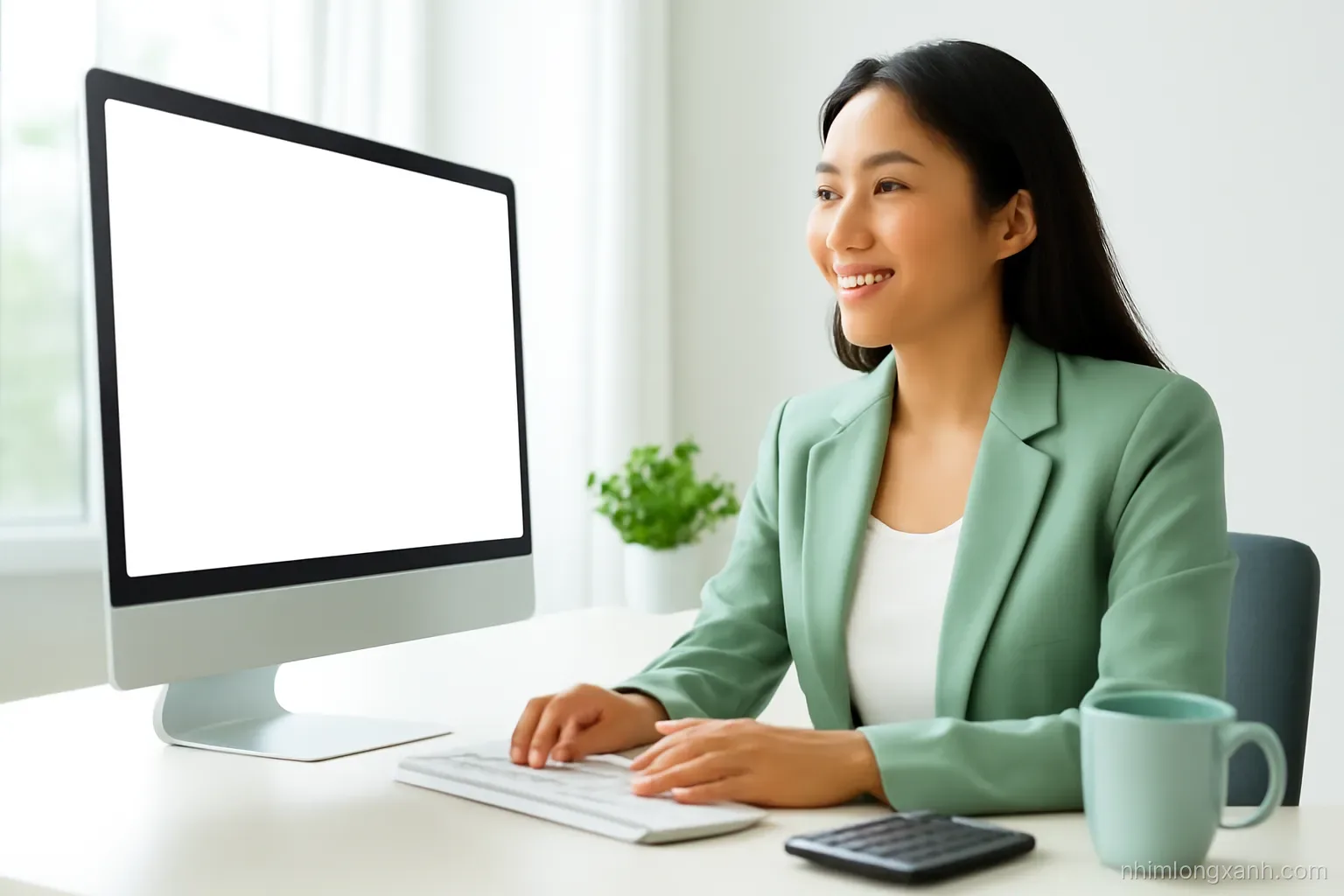 Low angle view of a Vietnamese accountant woman smiling at a large monitor with blank luminous screen, tidy desk with calculator and mug, bright window light, fresh green and white palette