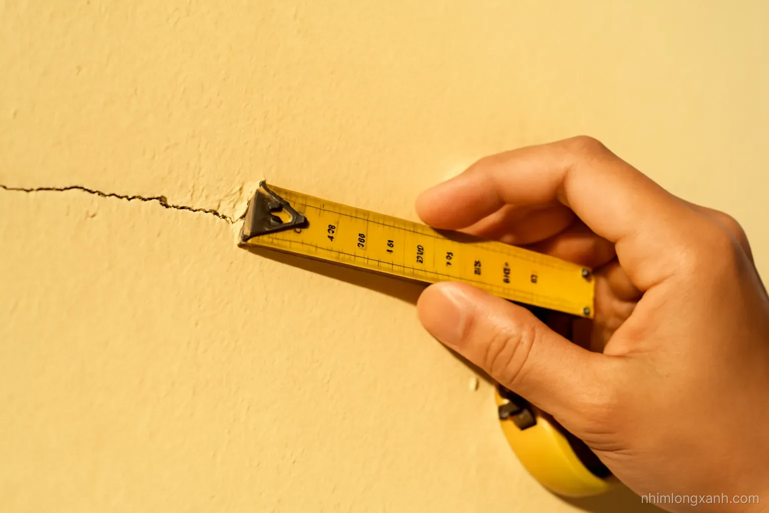 Close-up macro of a hairline crack running across a pale yellow plaster wall, Vietnamese hand holding a tape measure beside it, side lighting, warm ochre tones