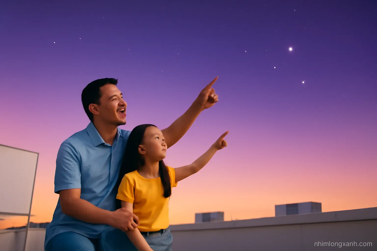 Wide low-angle shot of a Vietnamese girl and her father on a rooftop at dusk pointing at bright planets above the horizon, deep violet and warm orange sky