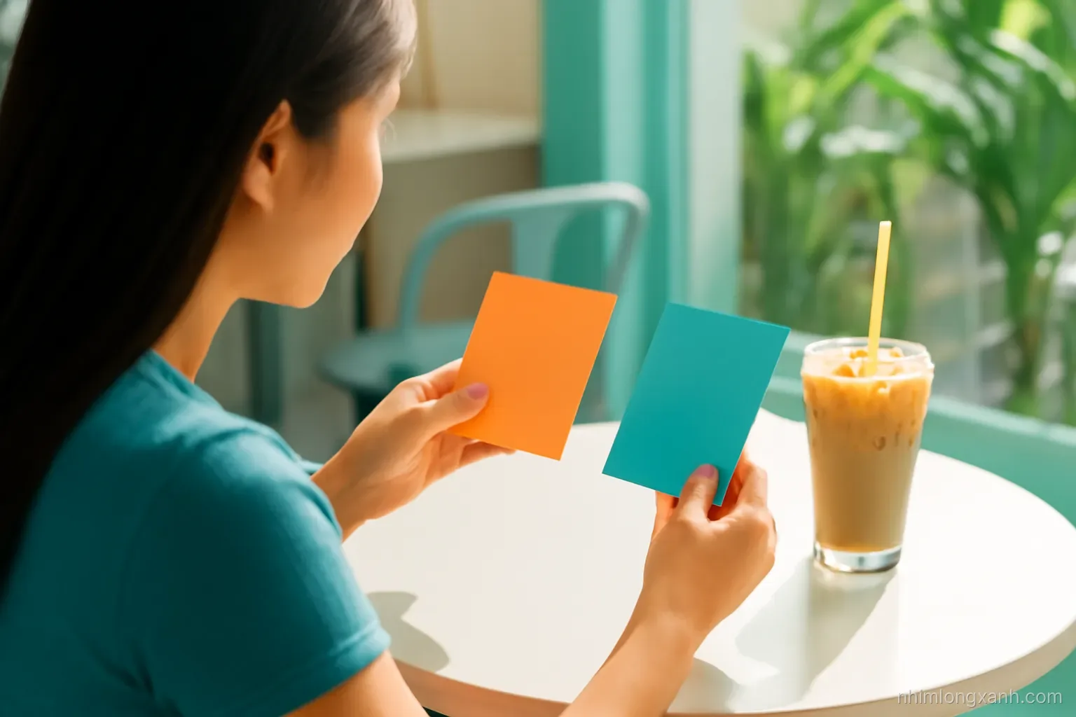 Over-the-shoulder view of a Vietnamese young woman comparing two stacks of blank colored index cards at a sunny cafe table, iced coffee beside her, teal and warm orange palette