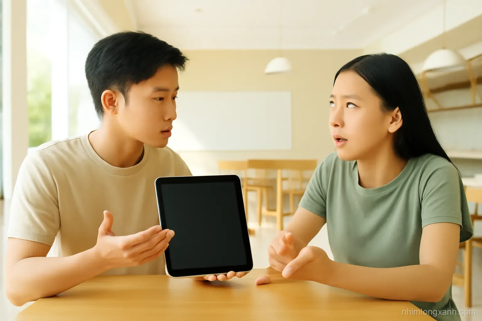 Two Vietnamese siblings debating at a wooden table in an empty new cafe, one holding a tablet with dark blank display, low angle, morning sun, cream and olive green palette