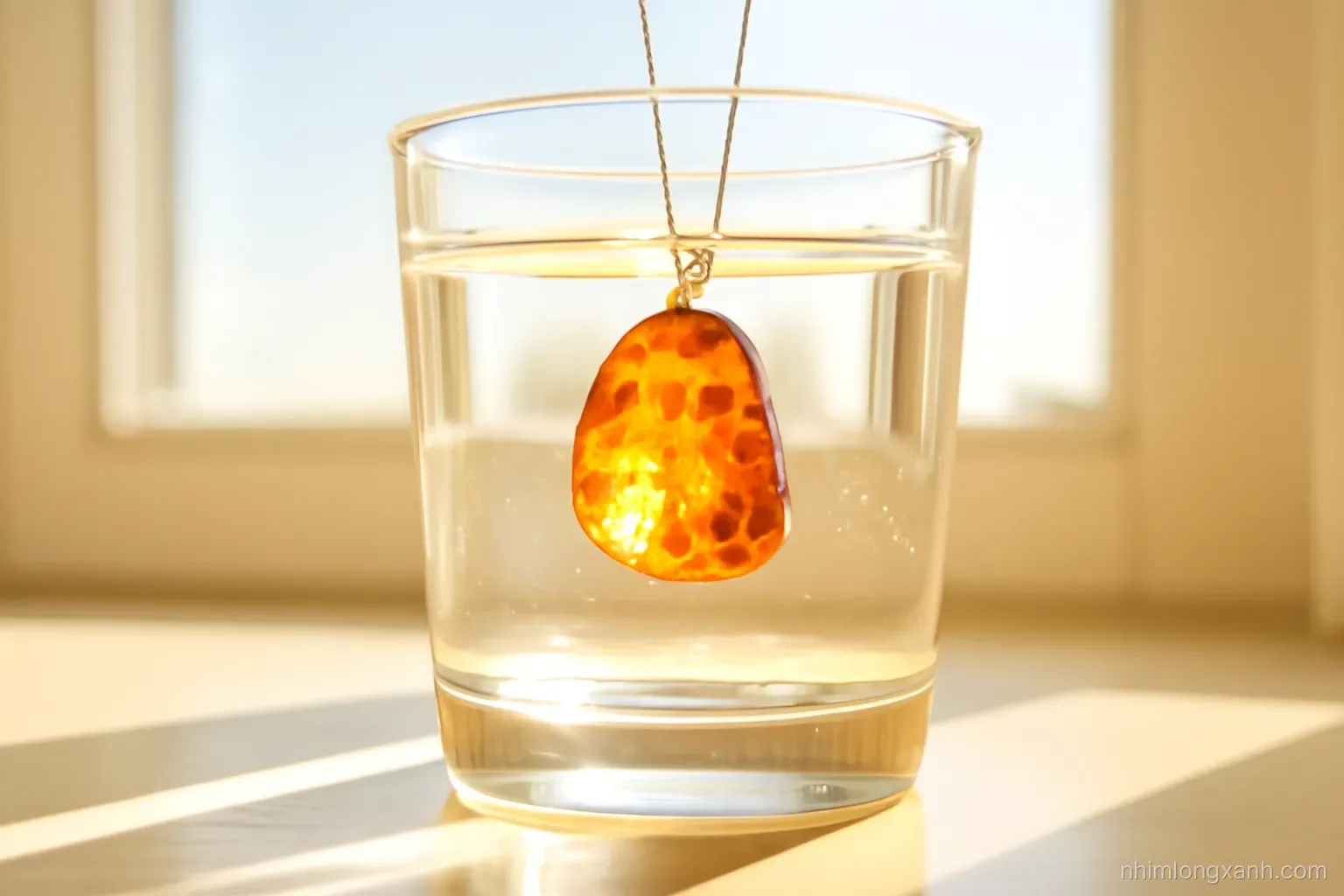 Low angle close-up of a honey colored amber pendant floating in a clear glass of salt water on a windowsill, golden backlight, warm amber and white palette