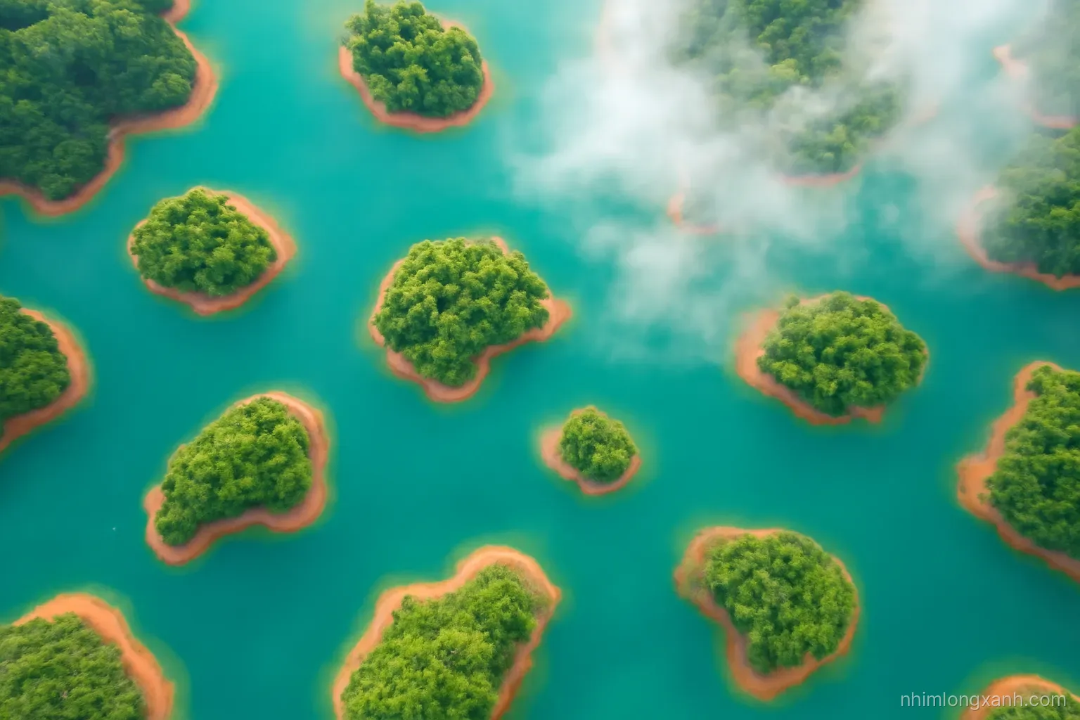 Aerial drone view looking straight down on a turquoise reservoir dotted with dozens of small forested islands, red earth shorelines, wisps of morning cloud, saturated green and teal palette