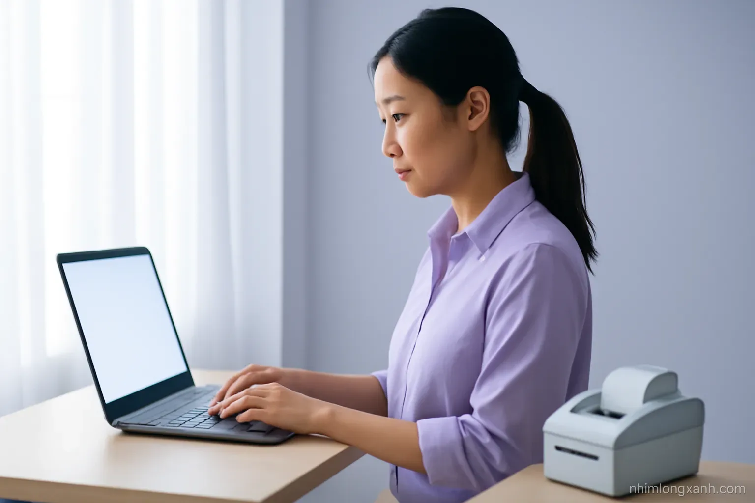 Vietnamese bookkeeper woman at a standing desk reviewing a laptop with blank glowing display, a receipt printer beside her, side profile shot, cool morning light, lavender and slate grey