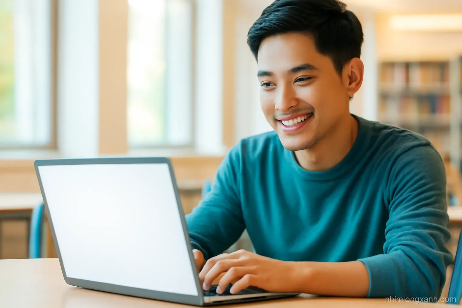 Close-up of a Vietnamese young man smiling at a laptop with a blank glowing screen in a bright university library, warm golden light, teal and cream tones, shallow depth of field