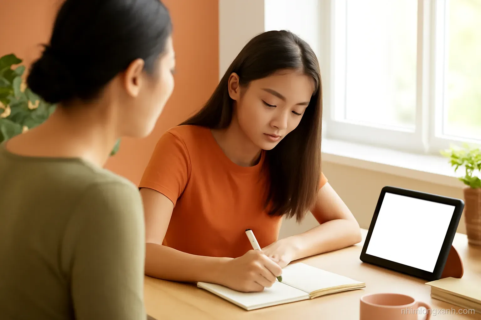 Over-the-shoulder shot of a Vietnamese mother watching her teenage daughter write in a notebook at a sunlit study desk, a tablet with a blank glowing screen set aside, terracotta and olive palette
